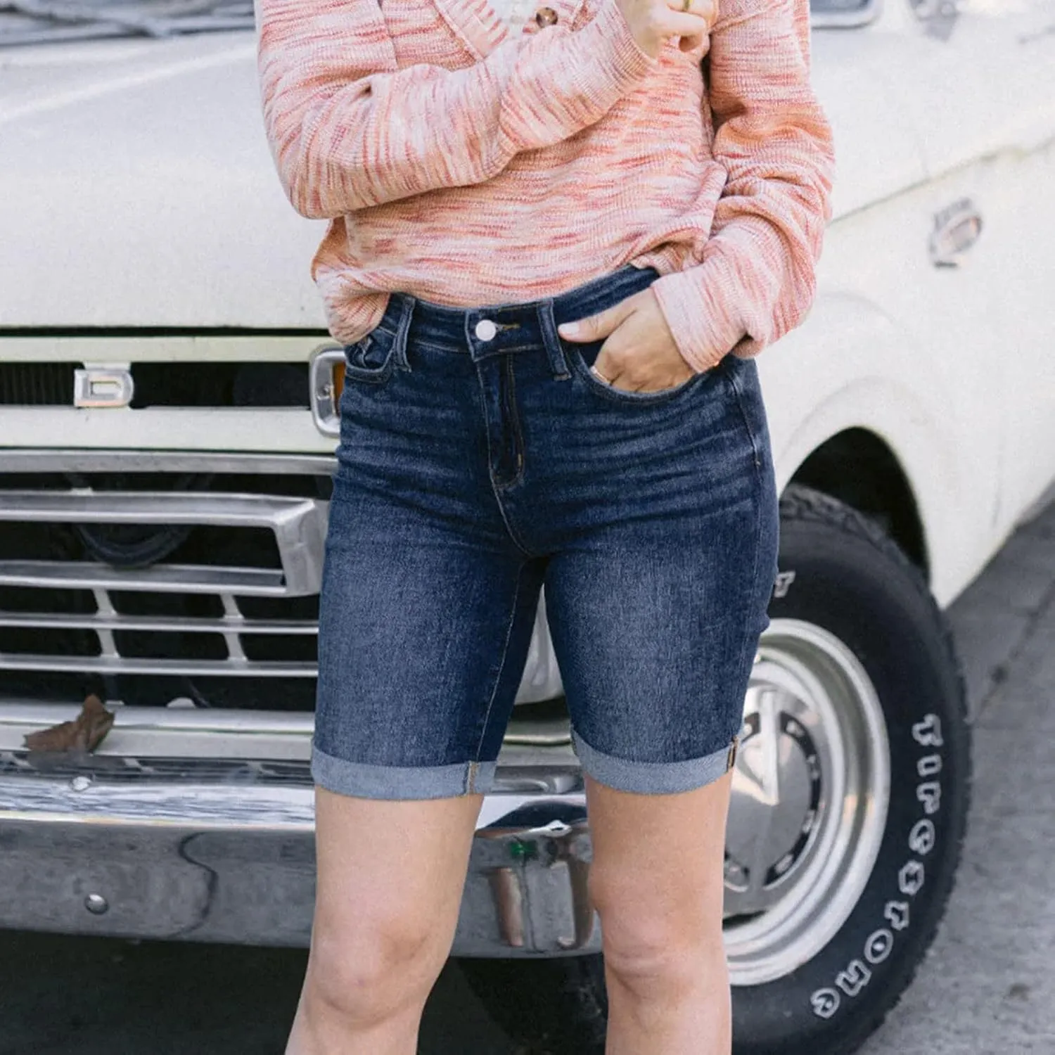 Womens Denim Bermuda Shorts Trendy Summer Mid Rise Stretchy Casual Knee Length Folded Hem Jean Shorts with Pockets