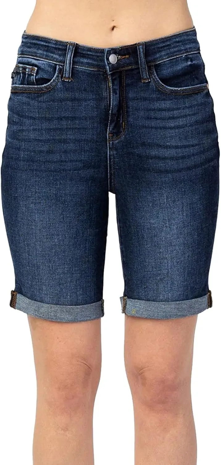Womens Denim Bermuda Shorts Trendy Summer Mid Rise Stretchy Casual Knee Length Folded Hem Jean Shorts with Pockets