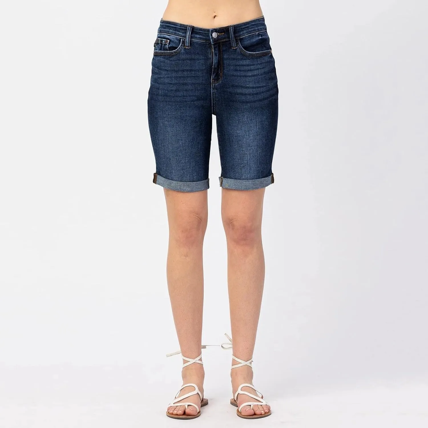 Womens Denim Bermuda Shorts Trendy Summer Mid Rise Stretchy Casual Knee Length Folded Hem Jean Shorts with Pockets