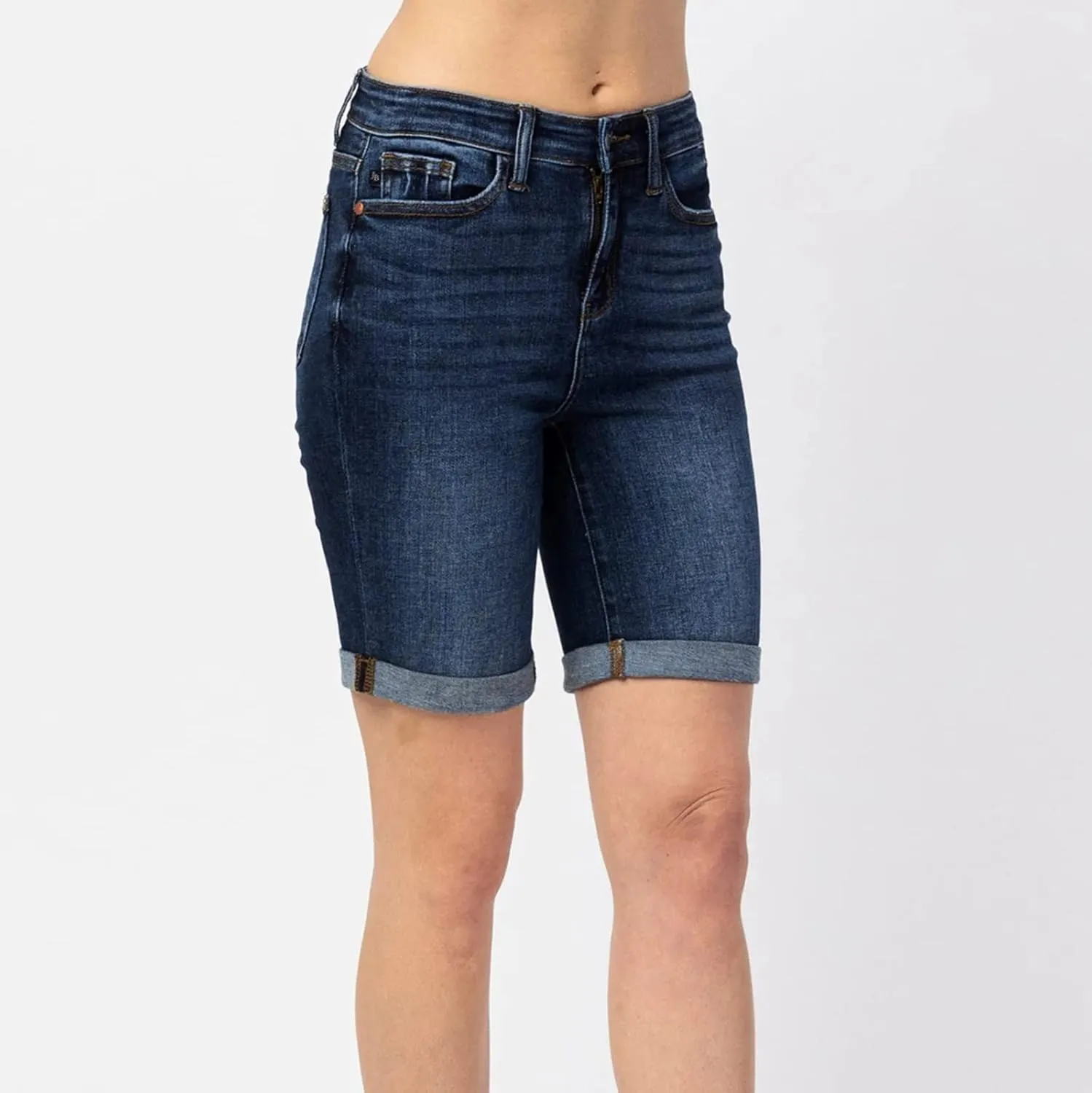 Womens Denim Bermuda Shorts Trendy Summer Mid Rise Stretchy Casual Knee Length Folded Hem Jean Shorts with Pockets