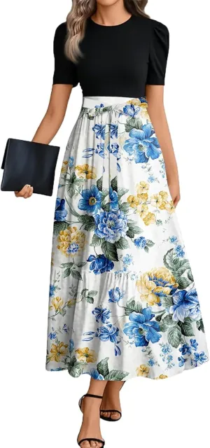 Womens Dress Summer Maxi Dresses Ruffle Hem Short Sleeve Dress Floral Vacation Wedding Guest Dresses with Belt