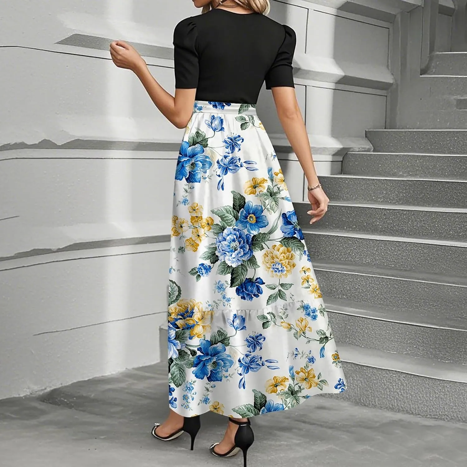 Womens Dress Summer Maxi Dresses Ruffle Hem Short Sleeve Dress Floral Vacation Wedding Guest Dresses with Belt