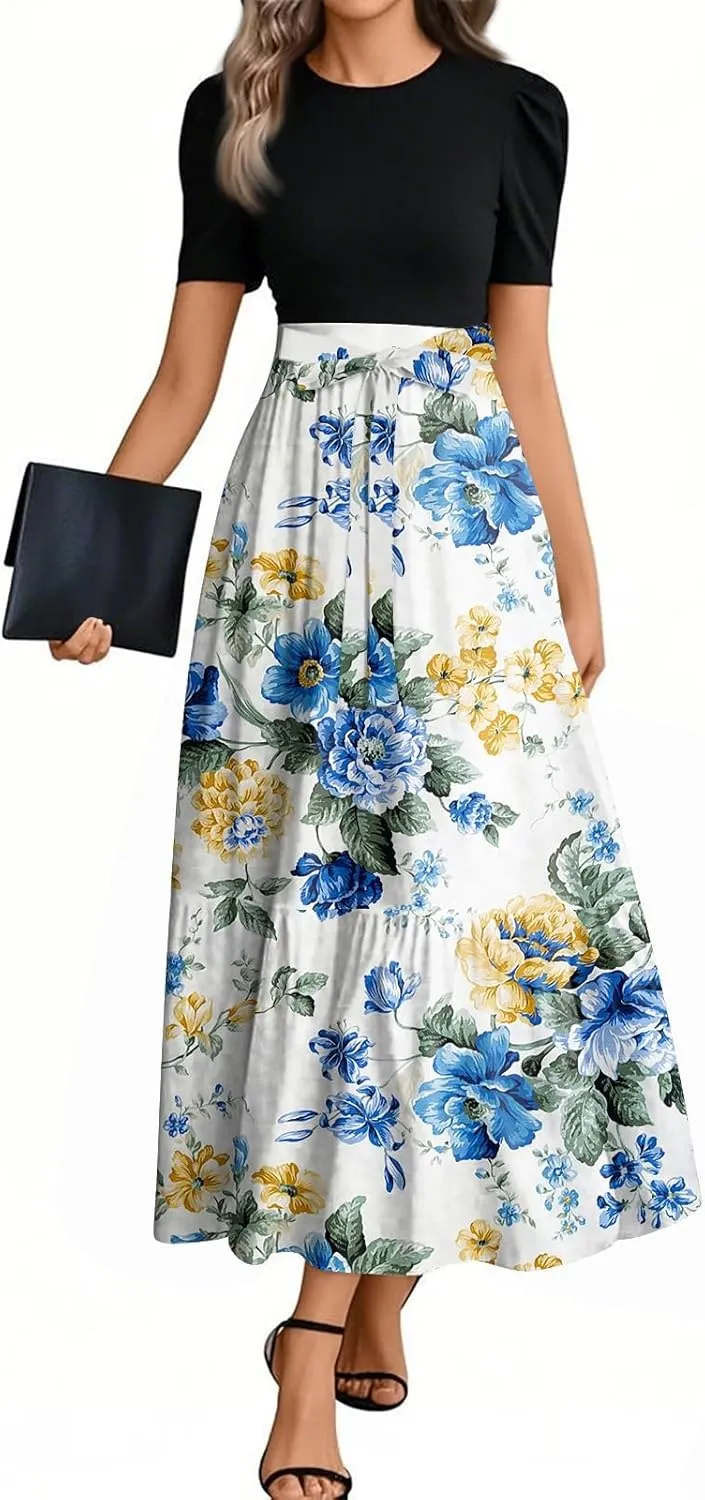 Womens Dress Summer Maxi Dresses Ruffle Hem Short Sleeve Dress Floral Vacation Wedding Guest Dresses with Belt