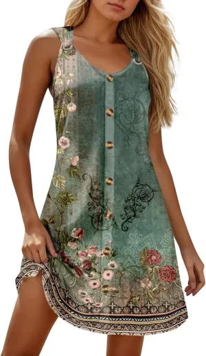 Womens Dresses Casual Plus Size Mini Dress Button Down V Neck Sleeveless Sundress Summer Clothes Tank Dress