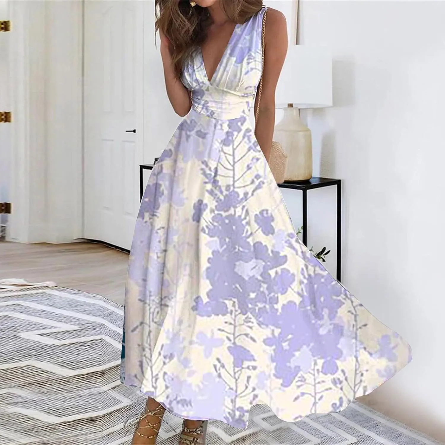 Womens Dresses Flowy Ruched Floral Print Boho Dress Wrap V Neck Sleeveless Sundress Elegant Beach Dresses