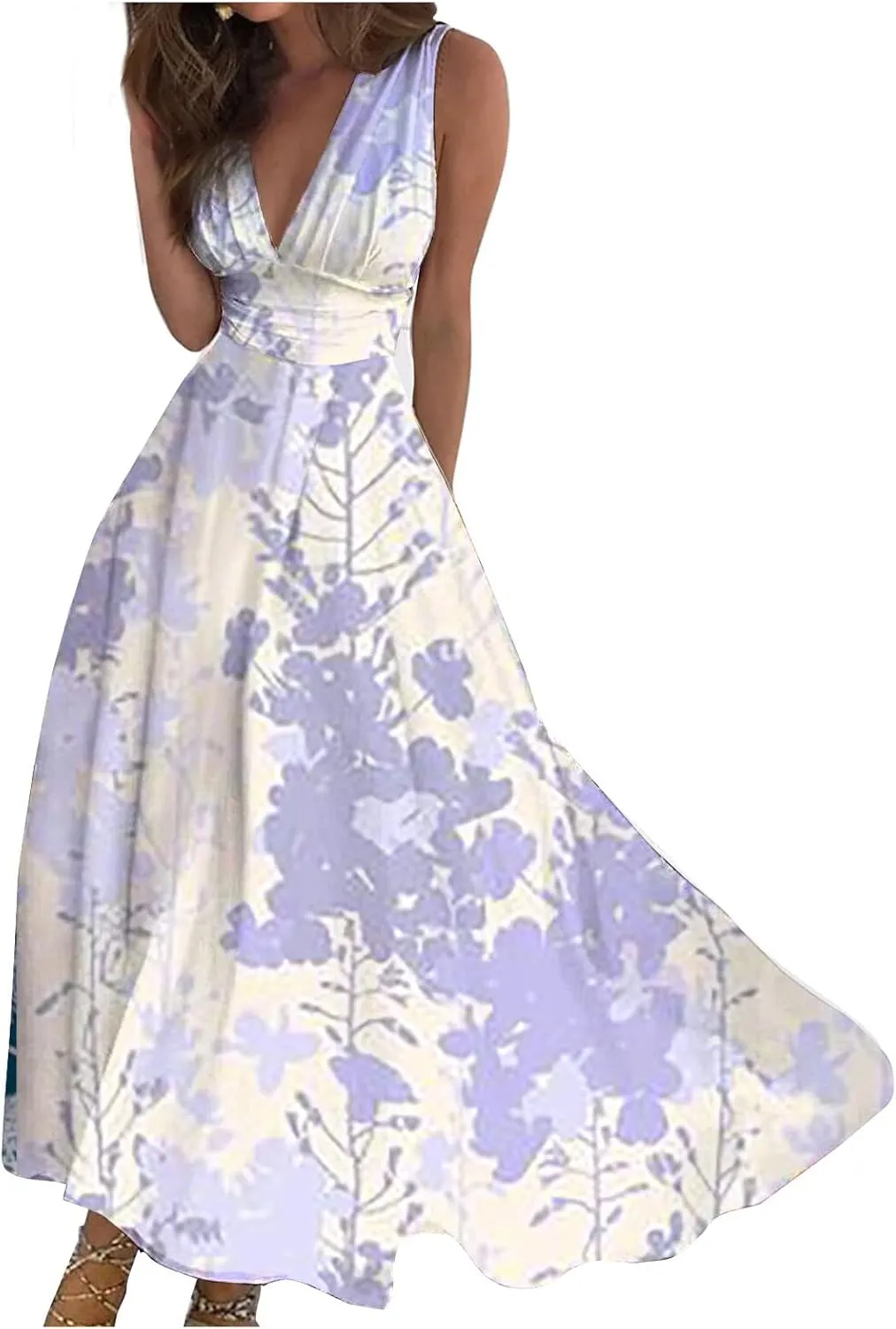 Womens Dresses Flowy Ruched Floral Print Boho Dress Wrap V Neck Sleeveless Sundress Elegant Beach Dresses