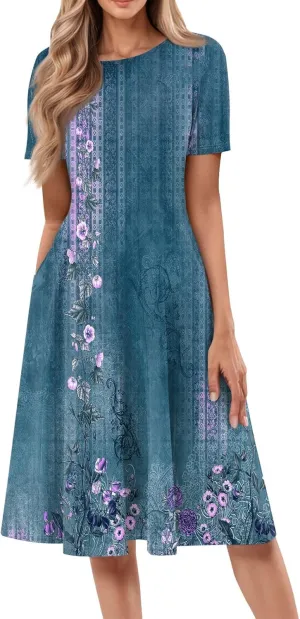 Womens Dresses Short Sleeve Summer Wrap Dress Empire Waist Floral Dress Fashion Smocked Midi Dresses with Pockets