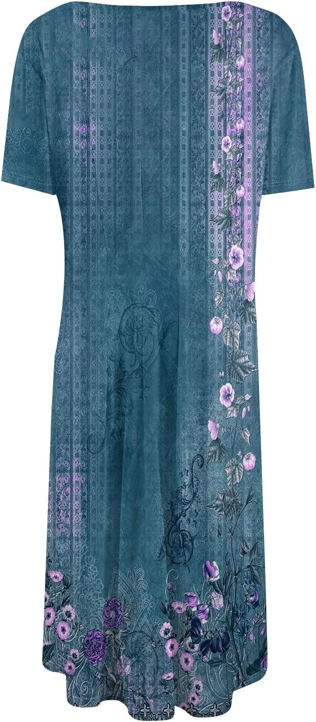 Womens Dresses Short Sleeve Summer Wrap Dress Empire Waist Floral Dress Fashion Smocked Midi Dresses with Pockets
