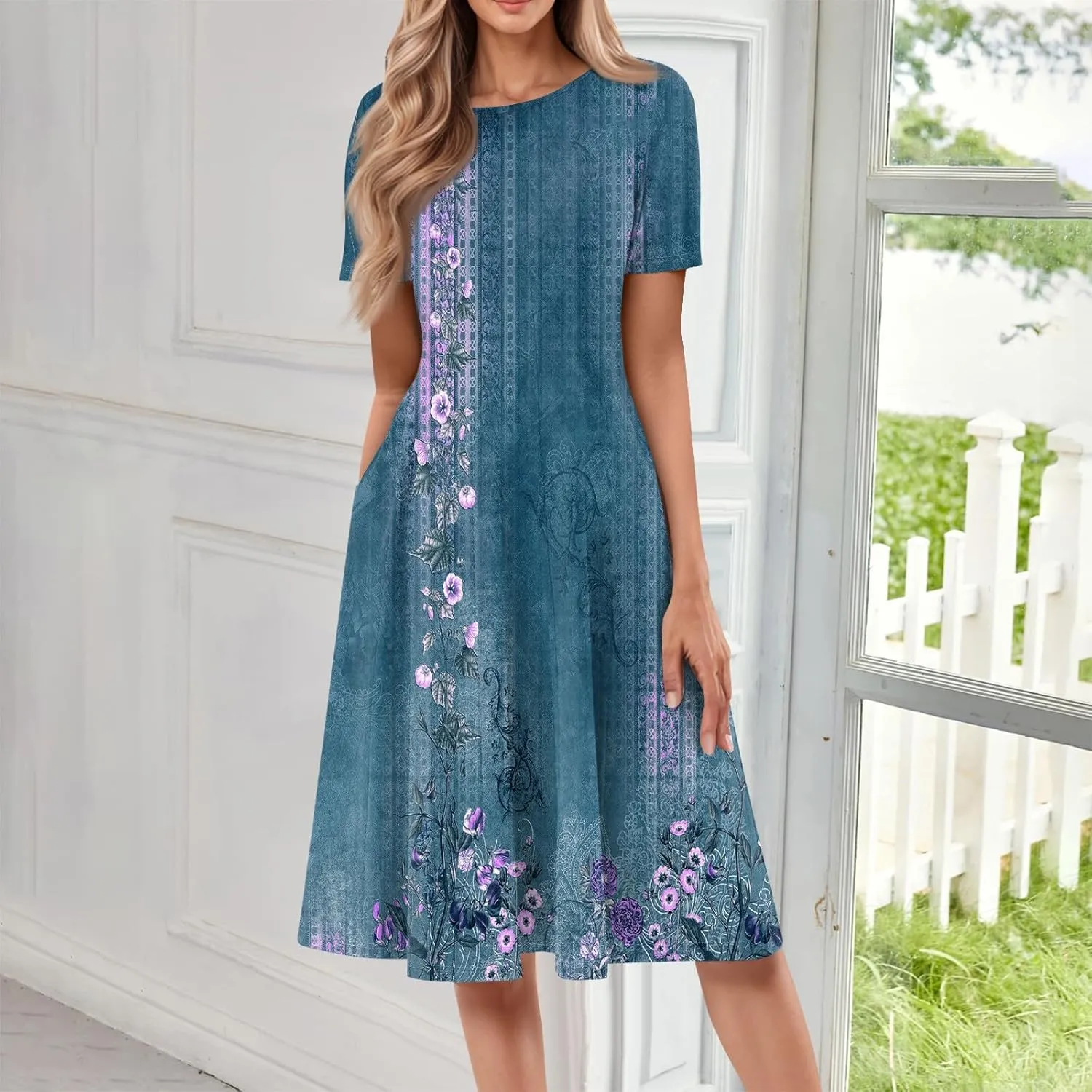 Womens Dresses Short Sleeve Summer Wrap Dress Empire Waist Floral Dress Fashion Smocked Midi Dresses with Pockets