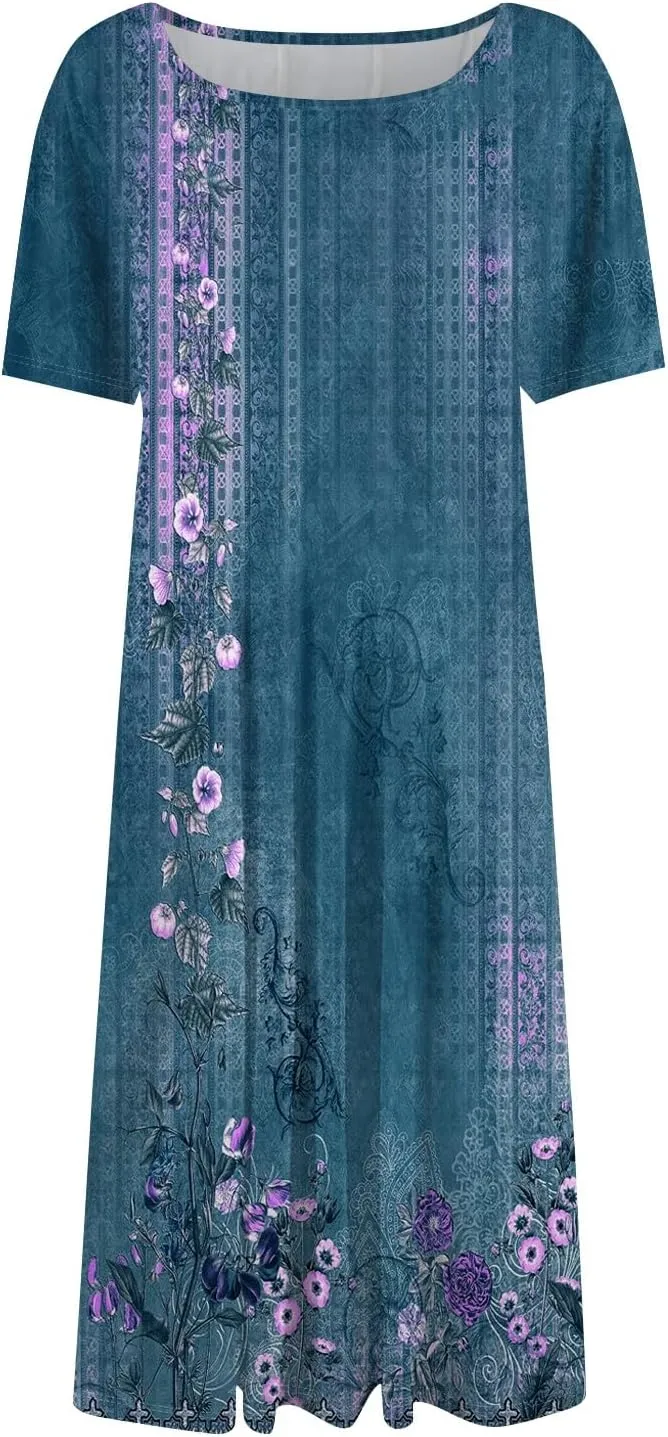 Womens Dresses Short Sleeve Summer Wrap Dress Empire Waist Floral Dress Fashion Smocked Midi Dresses with Pockets