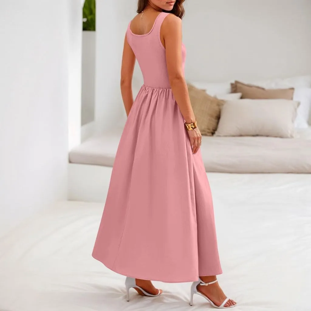 Women's Dresses Summer Tank Dress Sun Dresses Women Casual Smocked Sleeveless Wrap Dress Plus Ruffle with Pocket