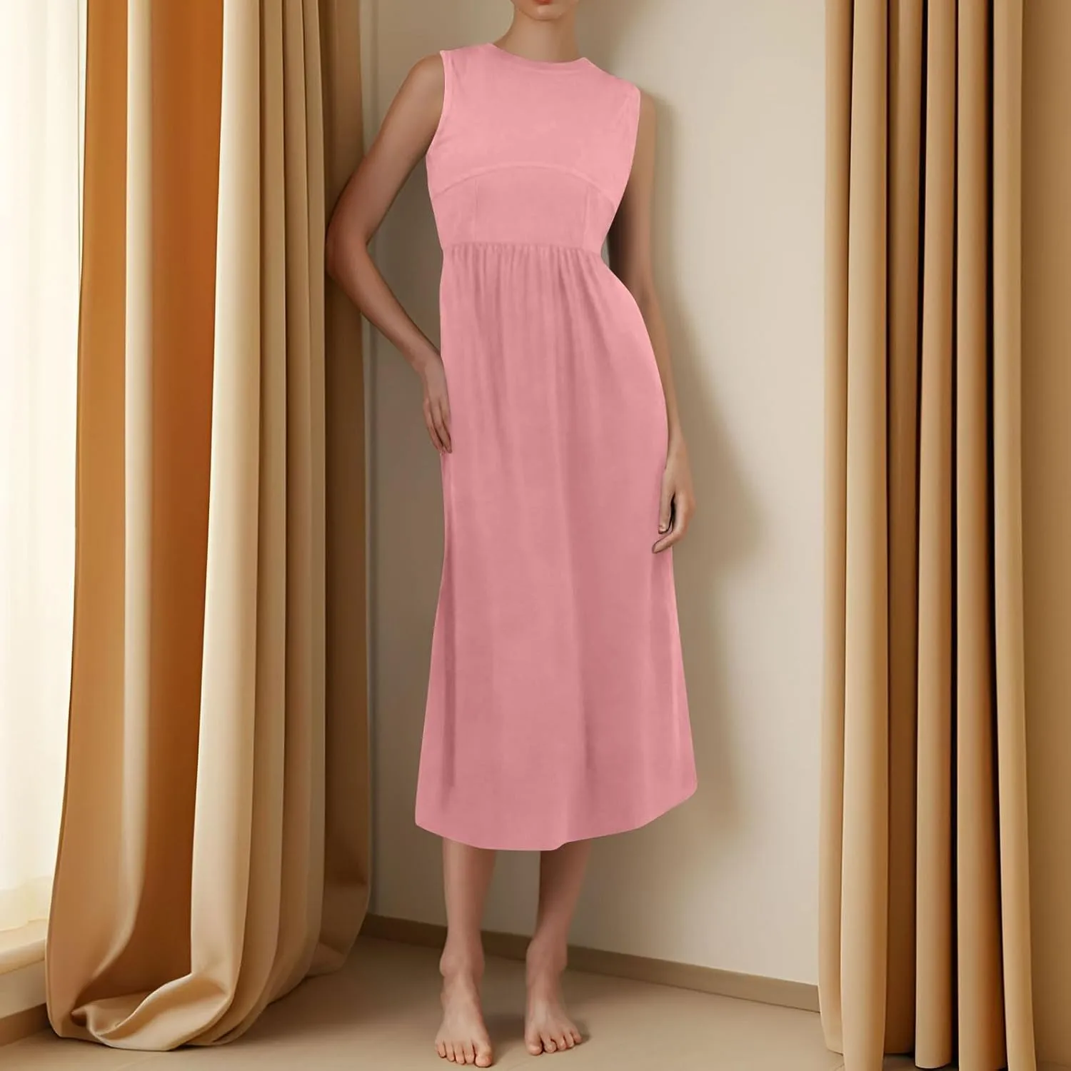 Women's Dresses Summer Tank Dress Sun Dresses Women Casual Smocked Sleeveless Wrap Dress Plus Ruffle with Pocket