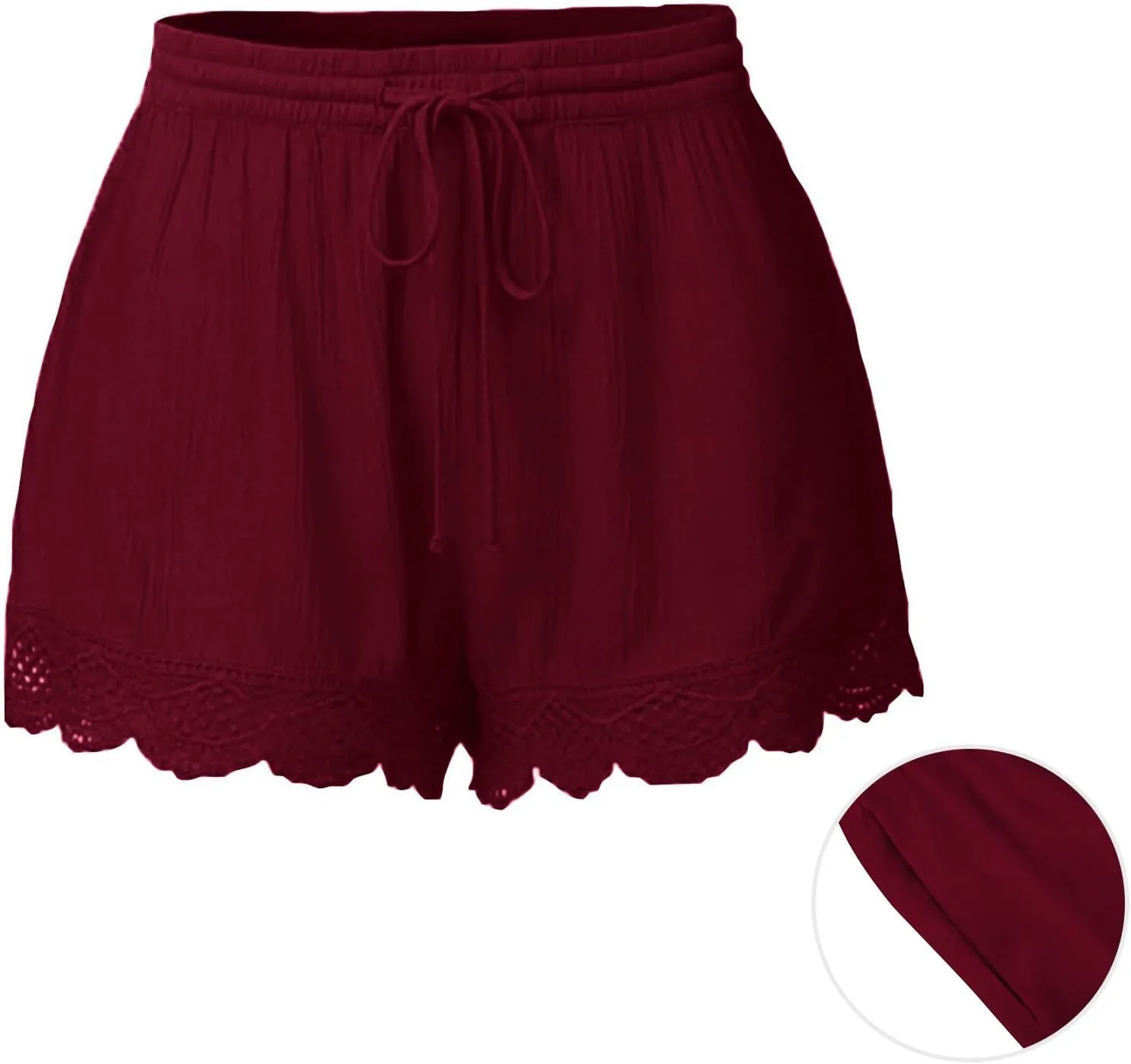 Womens Elastic Waist Lace Trim Shorts with Pockets Summer Casual High Waist Beach Lace Lounge Shorts Pants Plus Size