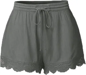 Womens Elastic Waist Lace Trim Shorts with Pockets Summer Casual High Waist Beach Lace Lounge Shorts Pants Plus Size