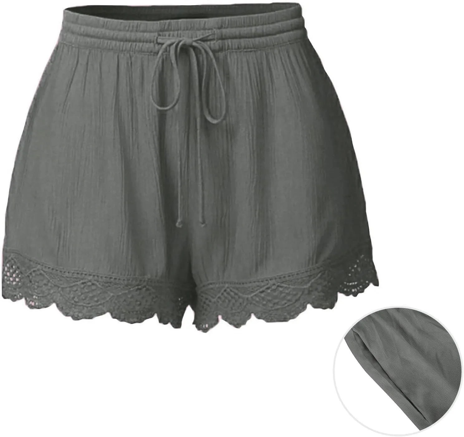 Womens Elastic Waist Lace Trim Shorts with Pockets Summer Casual High Waist Beach Lace Lounge Shorts Pants Plus Size