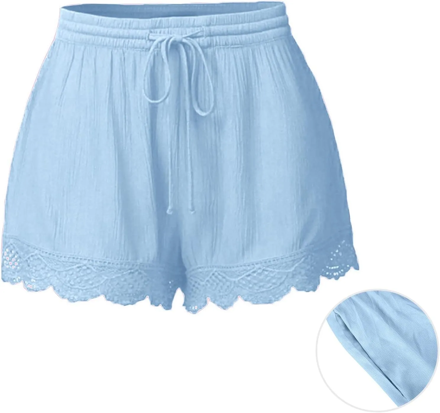 Womens Elastic Waist Lace Trim Shorts with Pockets Summer Casual High Waist Beach Lace Lounge Shorts Pants Plus Size