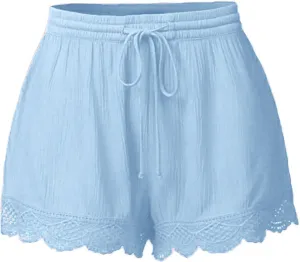 Womens Elastic Waist Lace Trim Shorts with Pockets Summer Casual High Waist Beach Lace Lounge Shorts Pants Plus Size