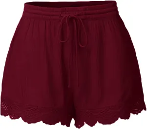 Womens Elastic Waist Lace Trim Shorts with Pockets Summer Casual High Waist Beach Lace Lounge Shorts Pants Plus Size