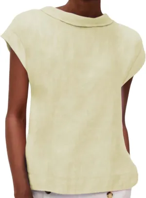 Women's Fashionable Casual Lapel Short Sleeved Solid Color Cotton Linen T Shirt Top