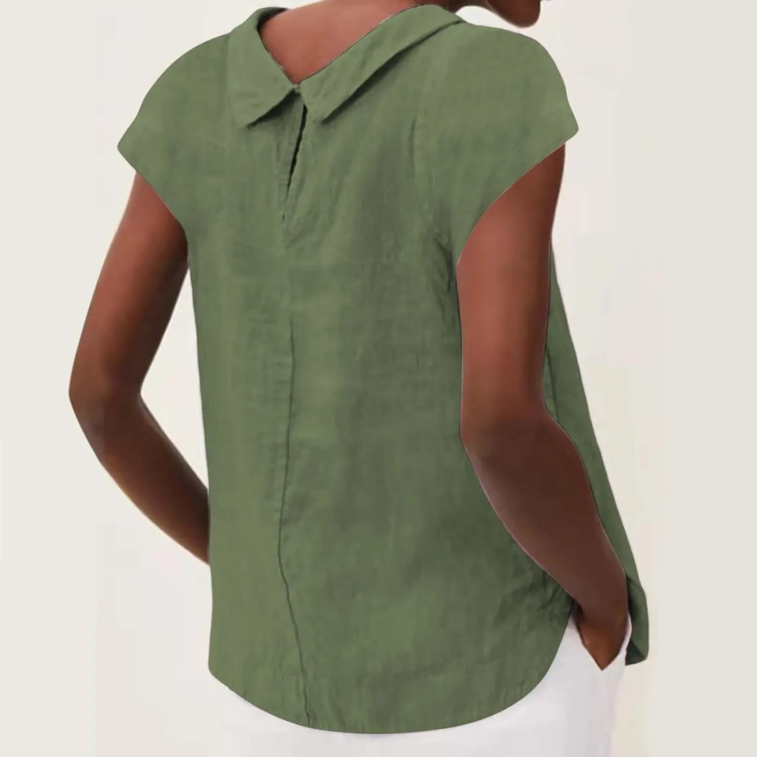 Women's Fashionable Casual Lapel Short Sleeved Solid Color Cotton Linen T Shirt Top