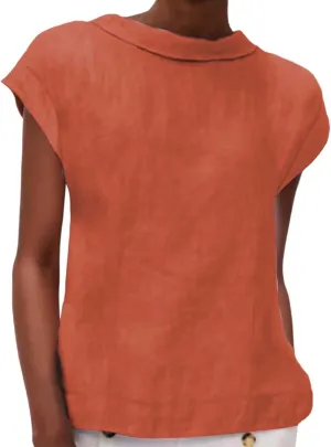 Women's Fashionable Casual Lapel Short Sleeved Solid Color Cotton Linen T Shirt Top