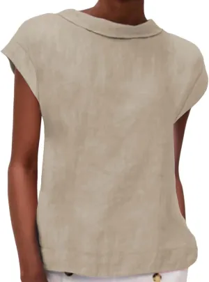 Women's Fashionable Casual Lapel Short Sleeved Solid Color Cotton Linen T Shirt Top