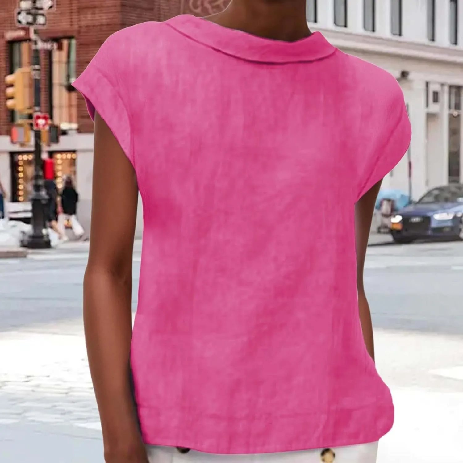 Women's Fashionable Casual Lapel Short Sleeved Solid Color Cotton Linen T Shirt Top
