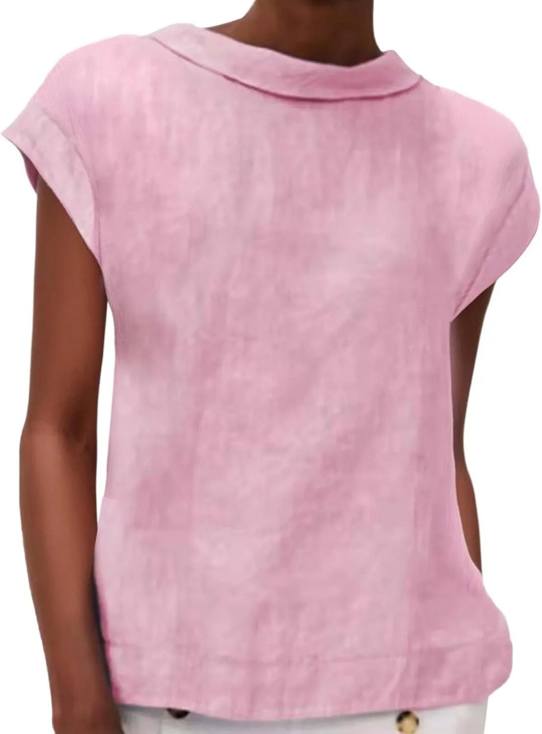 Women's Fashionable Casual Lapel Short Sleeved Solid Color Cotton Linen T Shirt Top