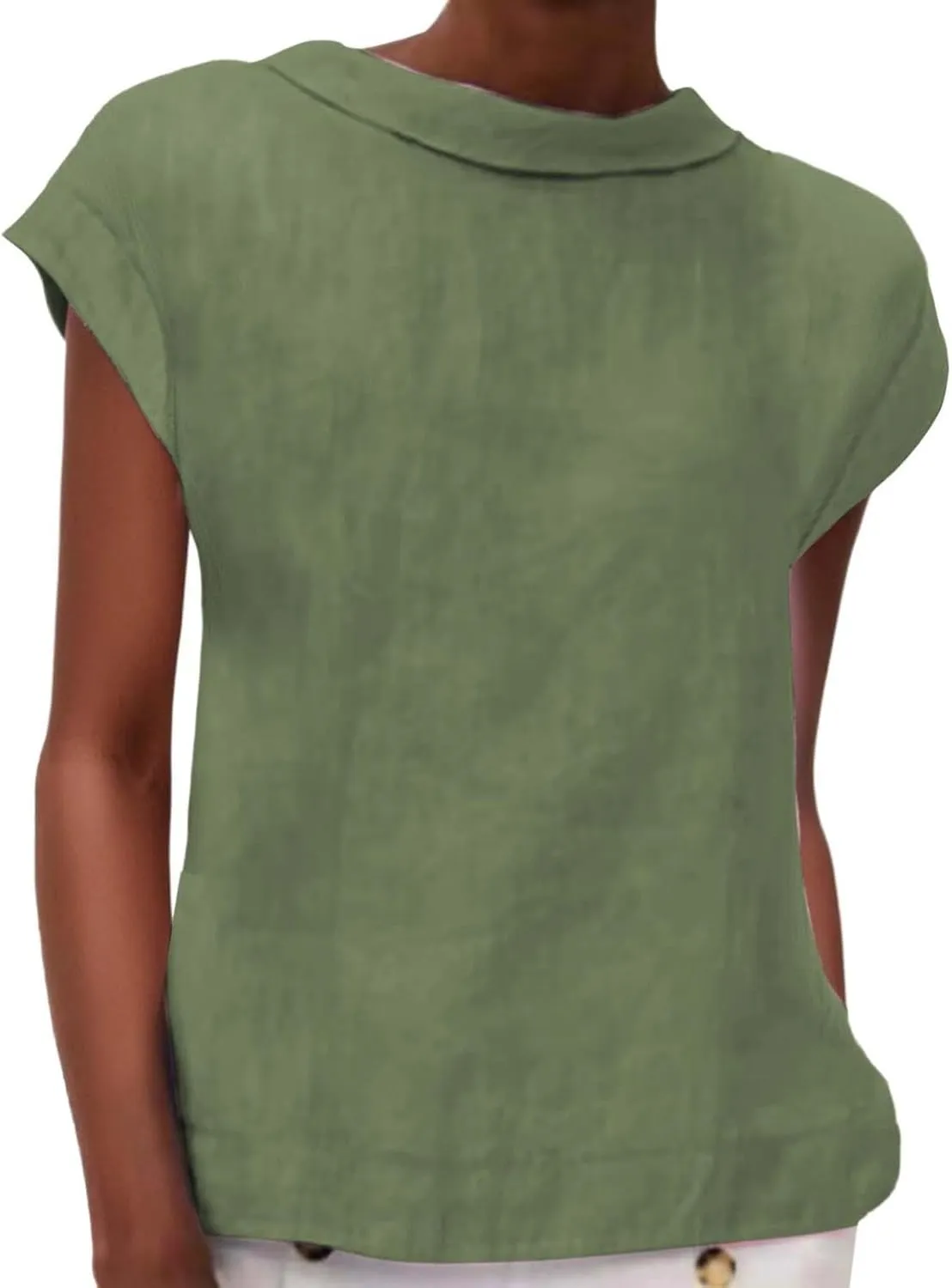 Women's Fashionable Casual Lapel Short Sleeved Solid Color Cotton Linen T Shirt Top
