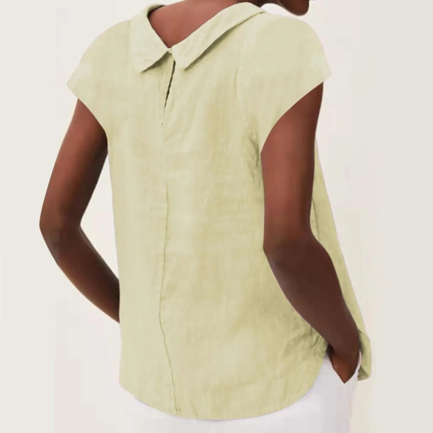 Women's Fashionable Casual Lapel Short Sleeved Solid Color Cotton Linen T Shirt Top