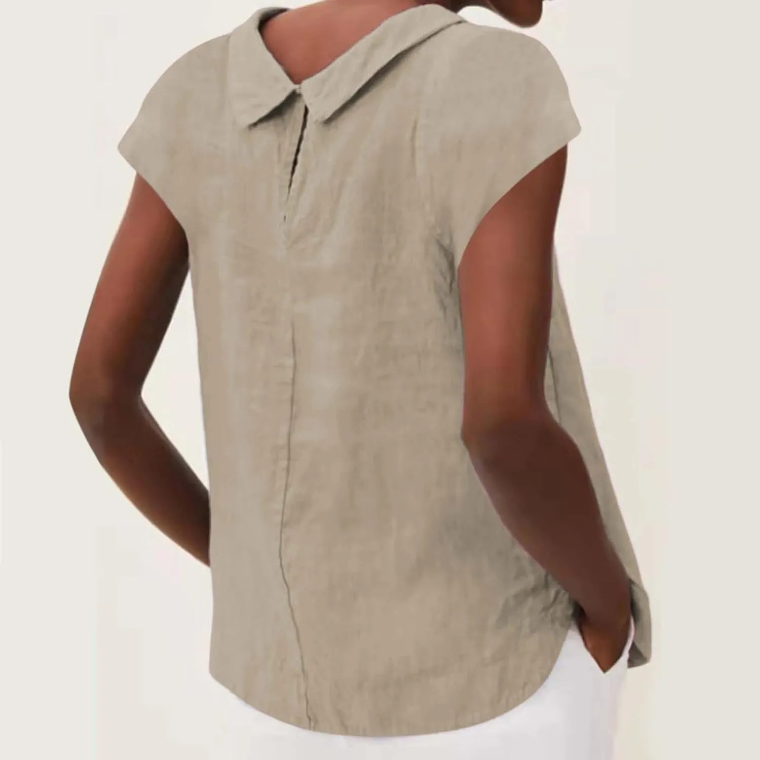 Women's Fashionable Casual Lapel Short Sleeved Solid Color Cotton Linen T Shirt Top
