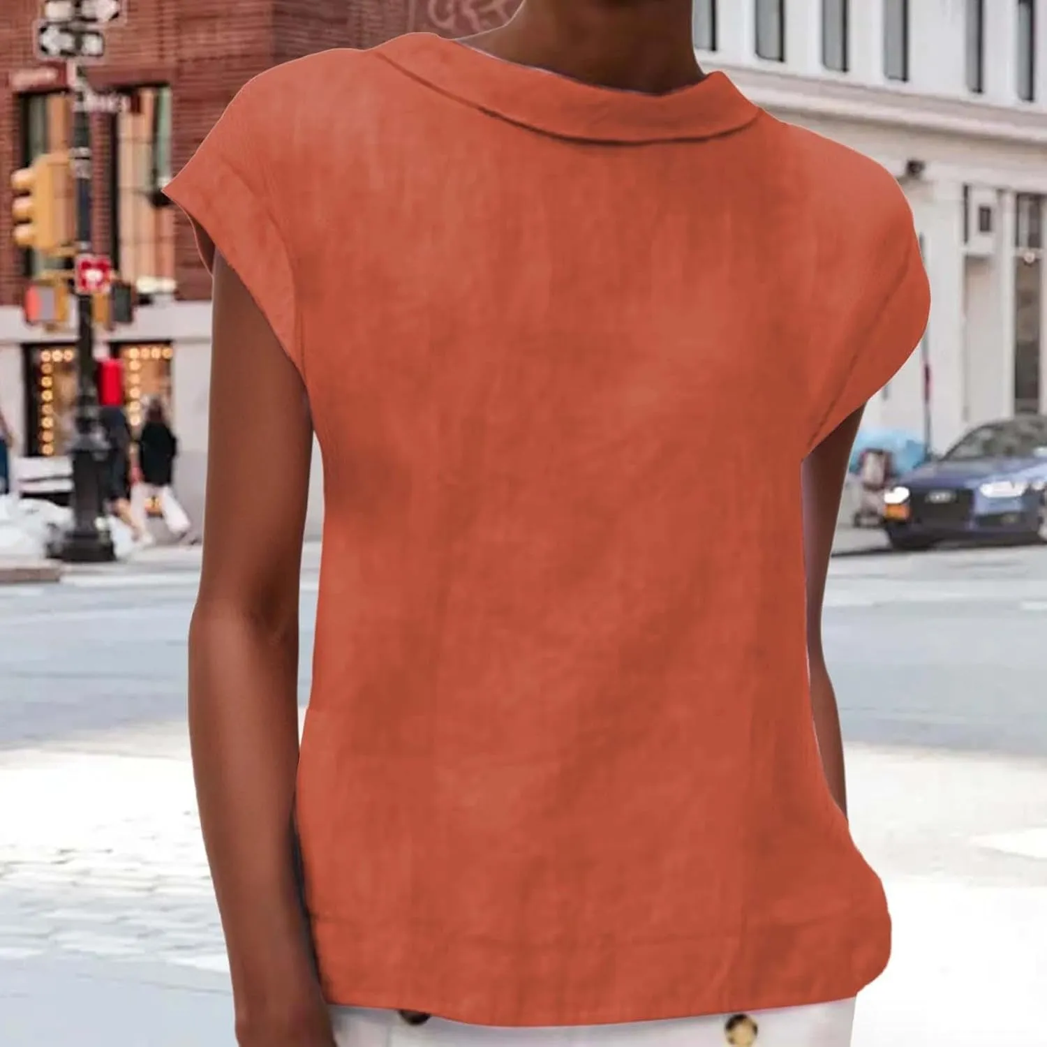 Women's Fashionable Casual Lapel Short Sleeved Solid Color Cotton Linen T Shirt Top