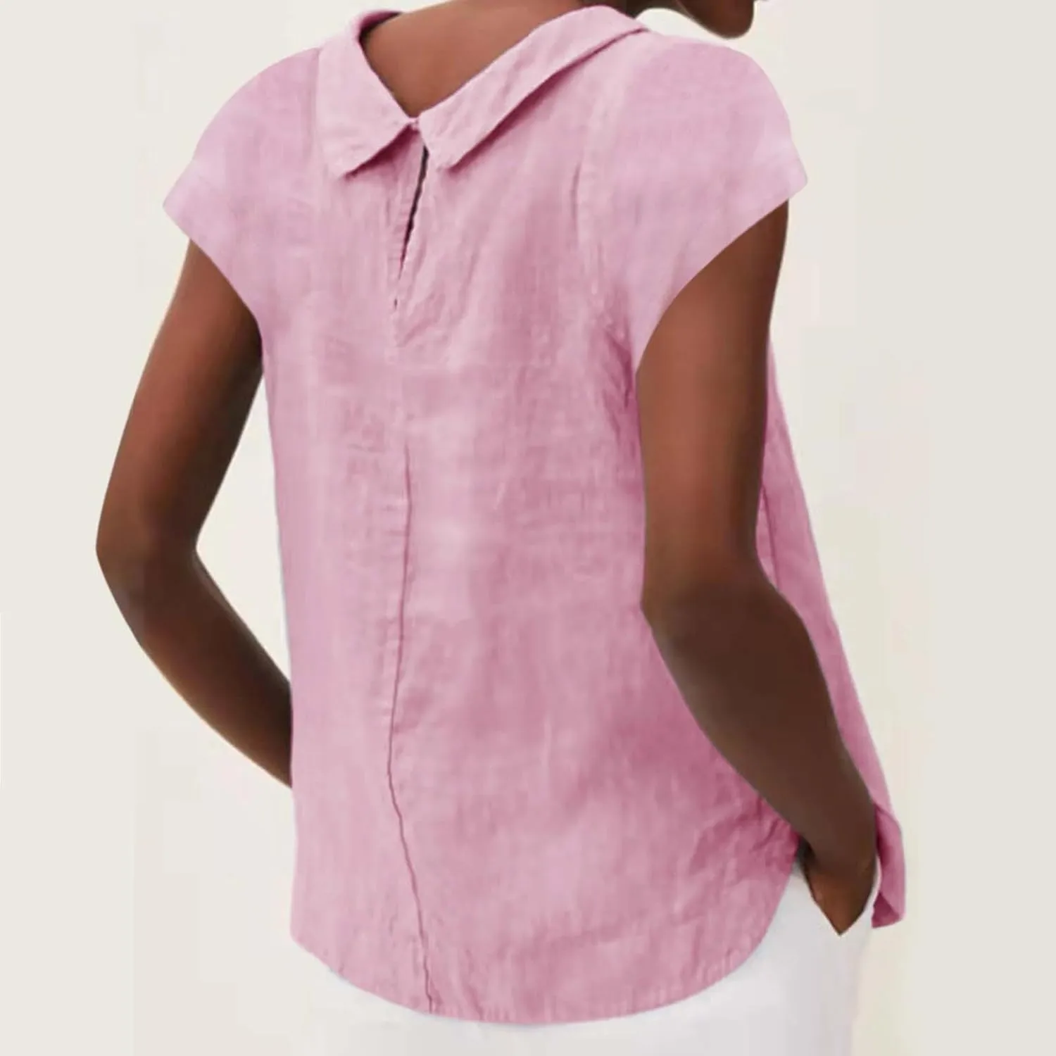 Women's Fashionable Casual Lapel Short Sleeved Solid Color Cotton Linen T Shirt Top