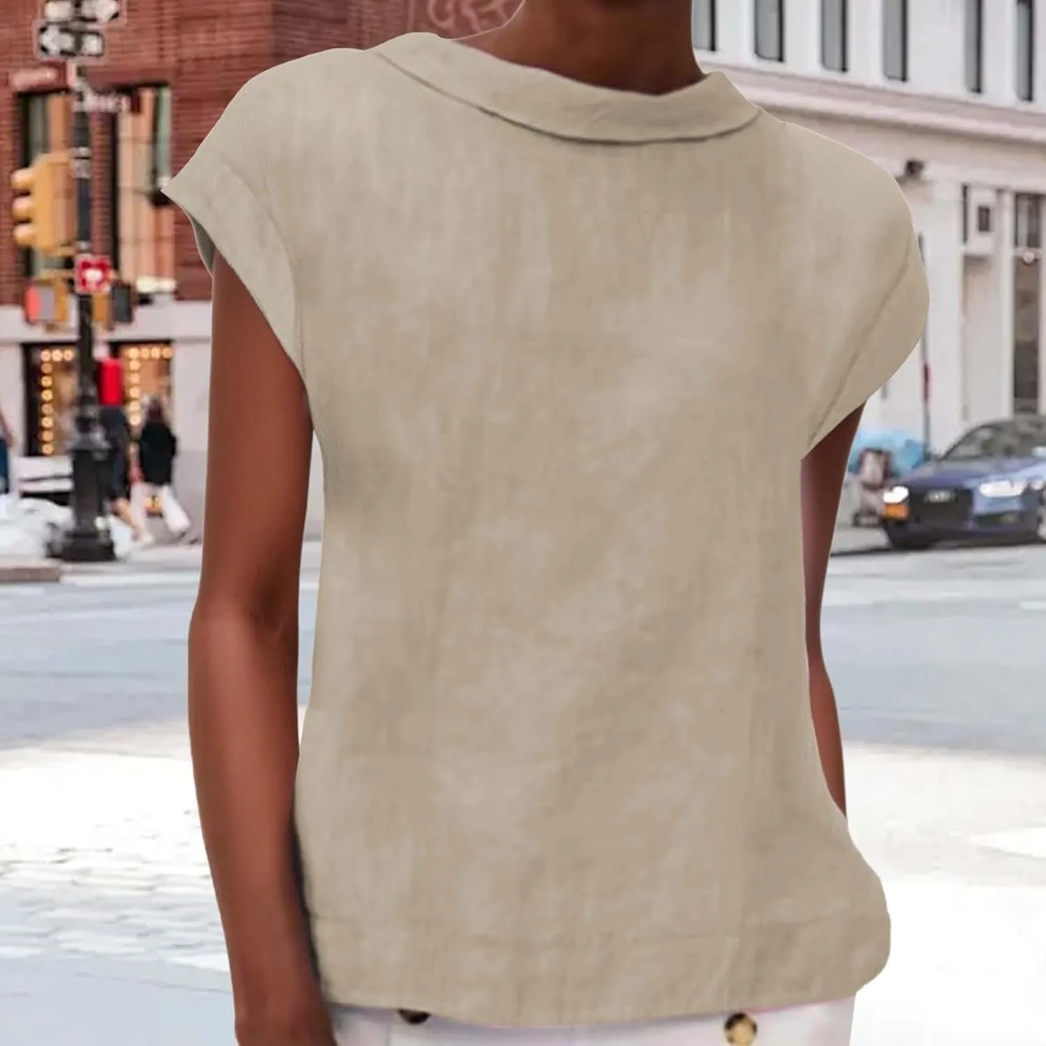 Women's Fashionable Casual Lapel Short Sleeved Solid Color Cotton Linen T Shirt Top