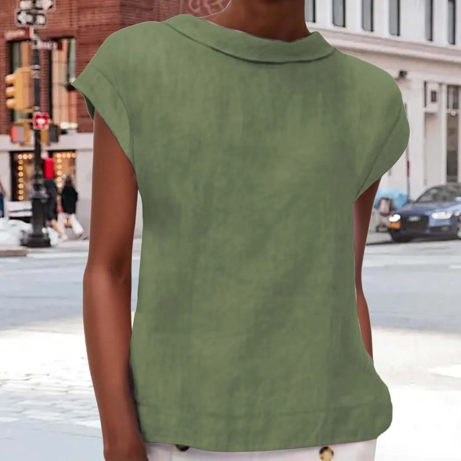 Women's Fashionable Casual Lapel Short Sleeved Solid Color Cotton Linen T Shirt Top