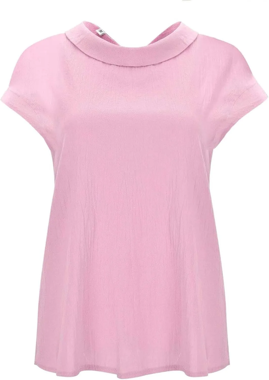 Women's Fashionable Casual Lapel Short Sleeved Solid Color Cotton Linen T Shirt Top