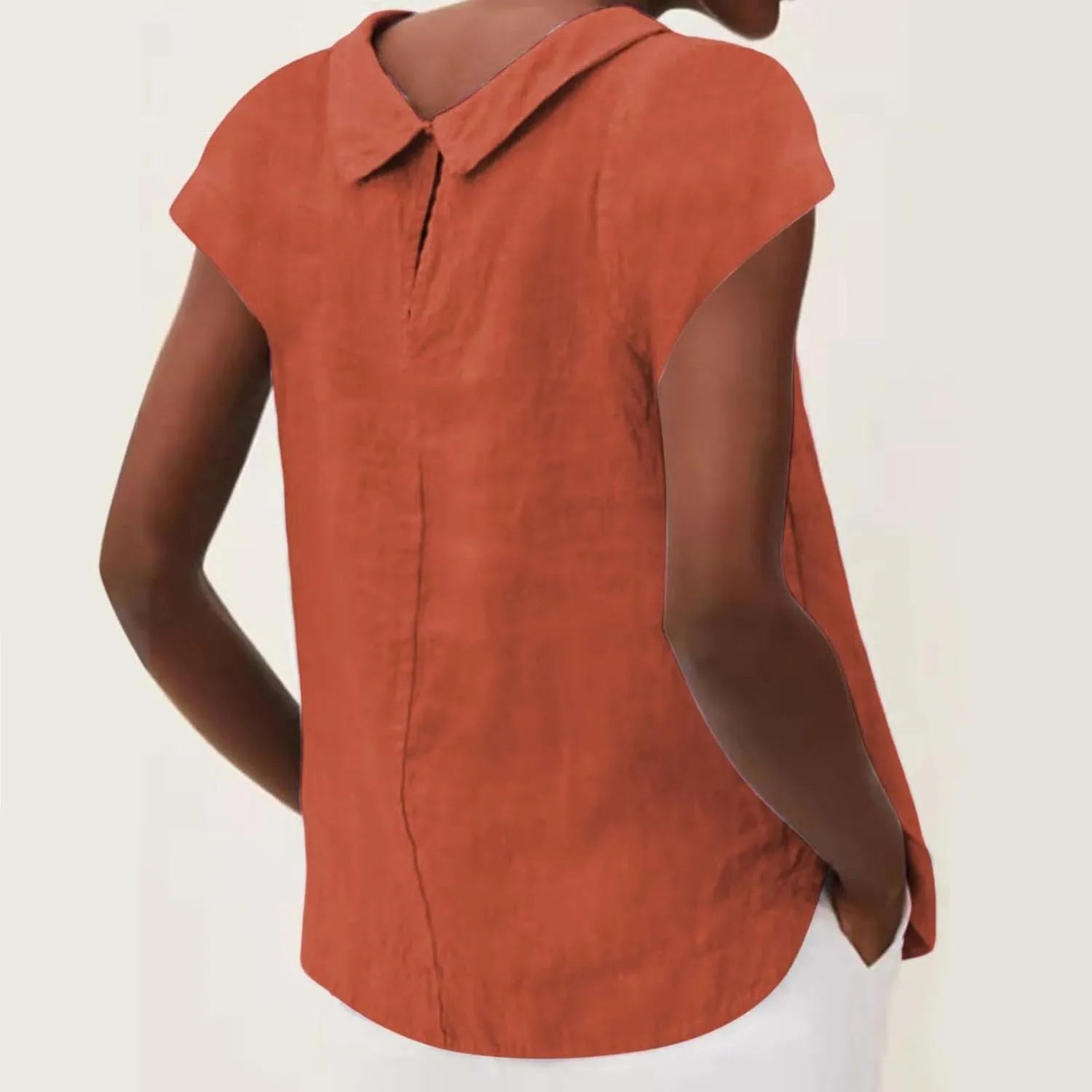 Women's Fashionable Casual Lapel Short Sleeved Solid Color Cotton Linen T Shirt Top