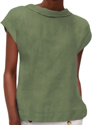 Women's Fashionable Casual Lapel Short Sleeved Solid Color Cotton Linen T Shirt Top
