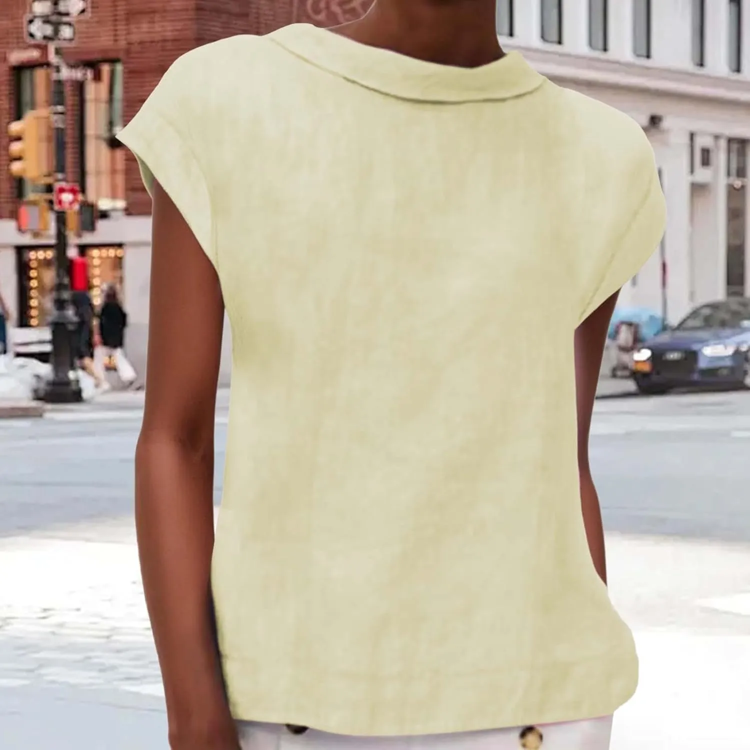 Women's Fashionable Casual Lapel Short Sleeved Solid Color Cotton Linen T Shirt Top