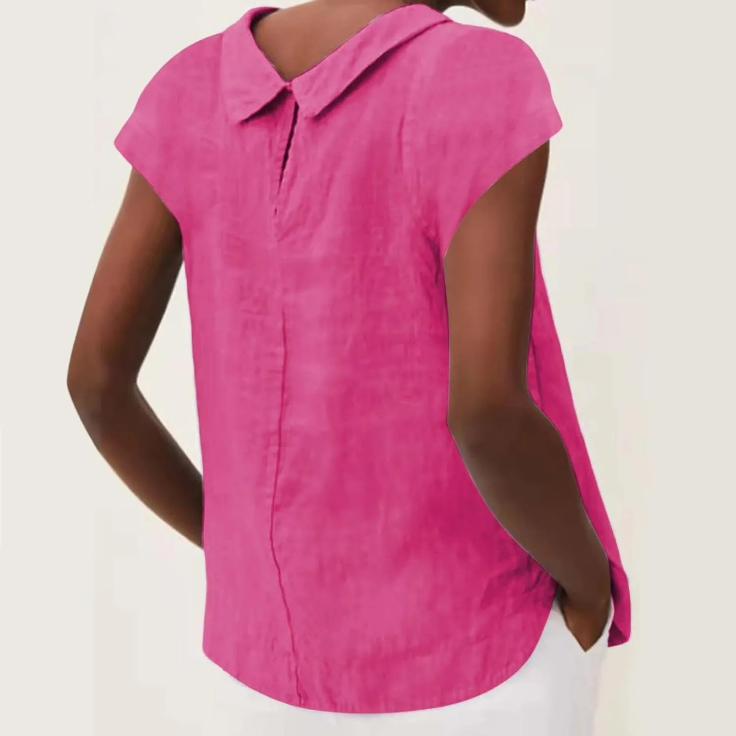 Women's Fashionable Casual Lapel Short Sleeved Solid Color Cotton Linen T Shirt Top