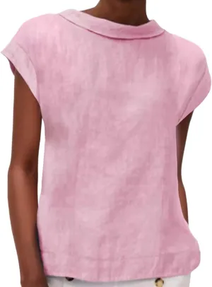 Women's Fashionable Casual Lapel Short Sleeved Solid Color Cotton Linen T Shirt Top