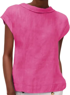 Women's Fashionable Casual Lapel Short Sleeved Solid Color Cotton Linen T Shirt Top