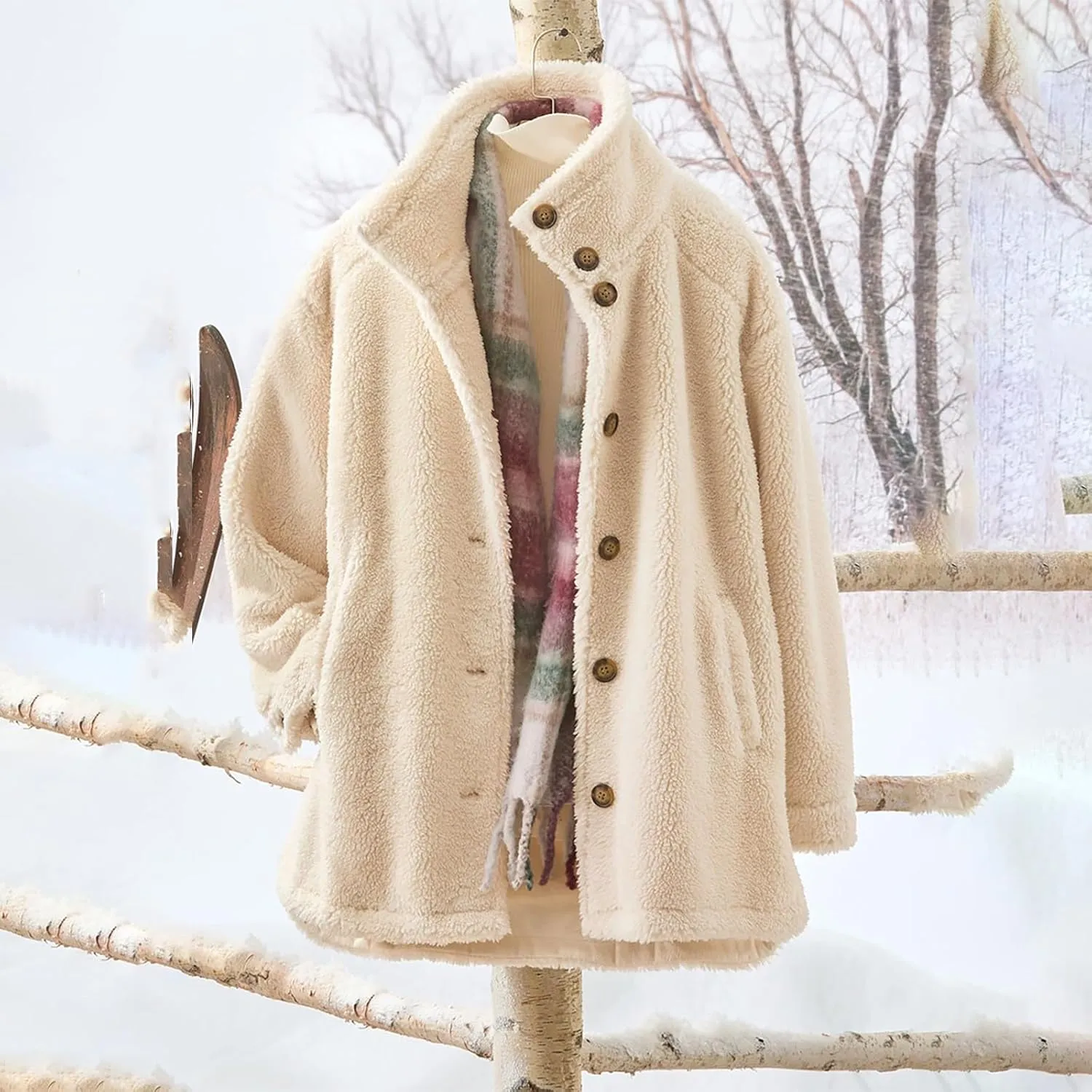 Women's Flannel Fuzzy Cardigan Casual Long Sleeve Sherpa Fleece Lined Jacket Trendy Lapel Collar Button Down Outwears