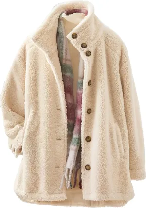 Women's Flannel Fuzzy Cardigan Casual Long Sleeve Sherpa Fleece Lined Jacket Trendy Lapel Collar Button Down Outwears