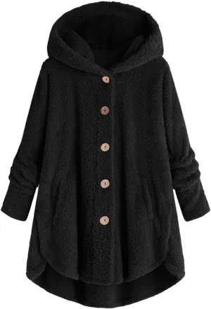 Womens Fleece Jacket with Hood Plus Size Winter Coat 2024 Button Down Faux Fur Sherpa Jacket Warm Outwear with Pocket
