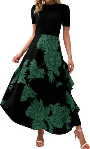 Womens Floral Maxi Dress 2025 Summer Casual Crewneck Short Sleeve Ruffle Flowy Cocktail Wedding Guest Dinner Dresses