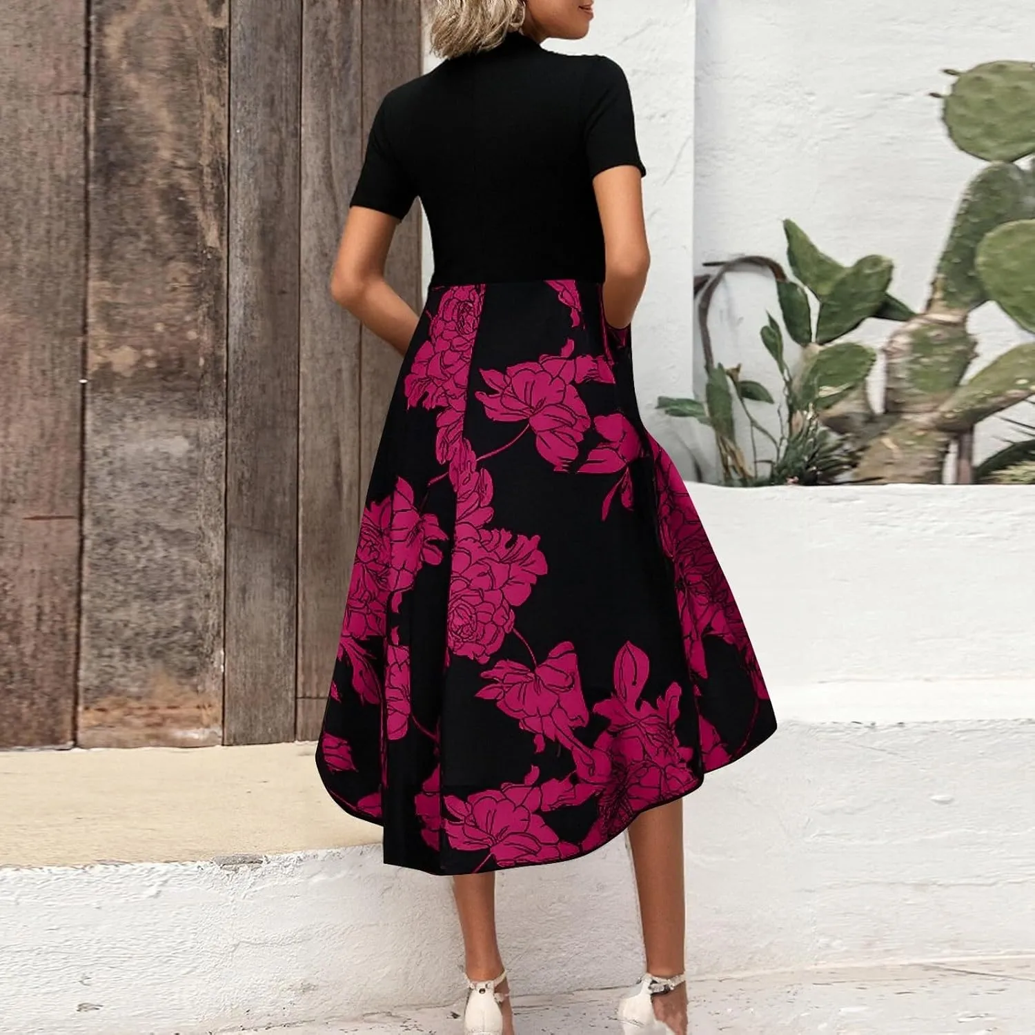 Womens Floral Maxi Dress 2025 Summer Casual Crewneck Short Sleeve Ruffle Flowy Cocktail Wedding Guest Dinner Dresses