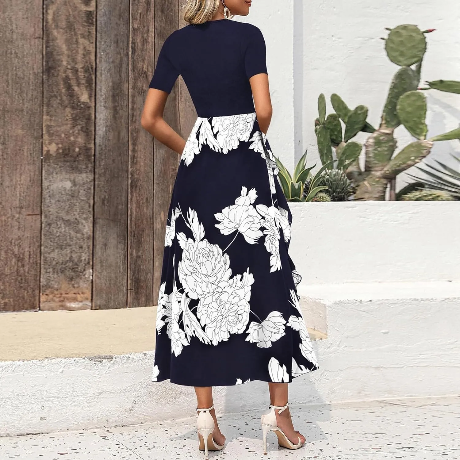 Womens Floral Maxi Dress 2025 Summer Casual Crewneck Short Sleeve Ruffle Flowy Cocktail Wedding Guest Dinner Dresses