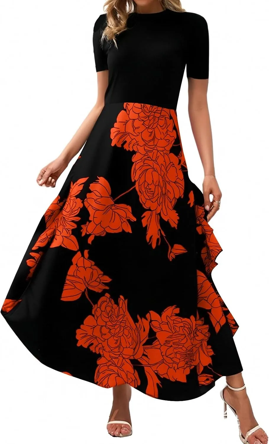 Womens Floral Maxi Dress 2025 Summer Casual Crewneck Short Sleeve Ruffle Flowy Cocktail Wedding Guest Dinner Dresses