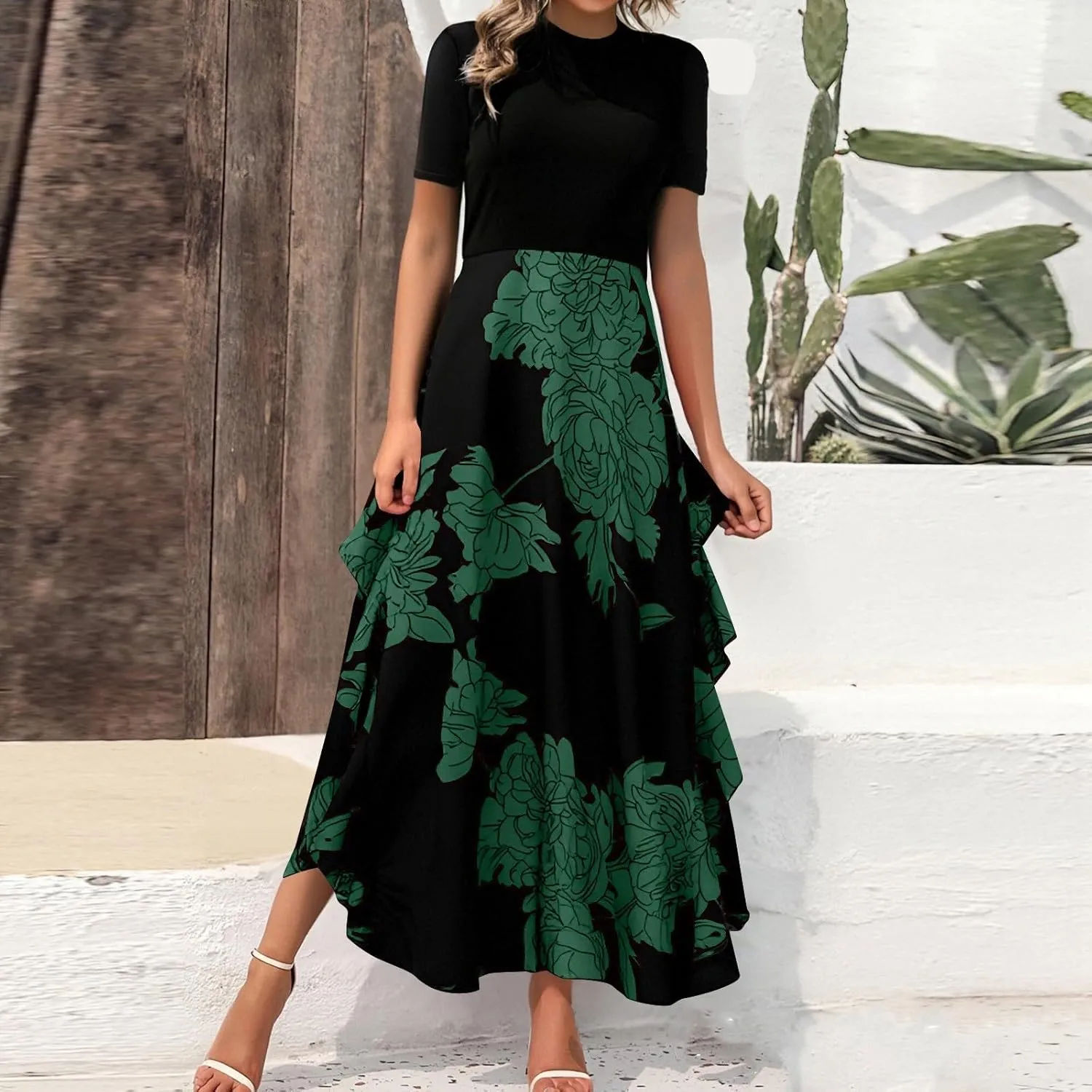 Womens Floral Maxi Dress 2025 Summer Casual Crewneck Short Sleeve Ruffle Flowy Cocktail Wedding Guest Dinner Dresses